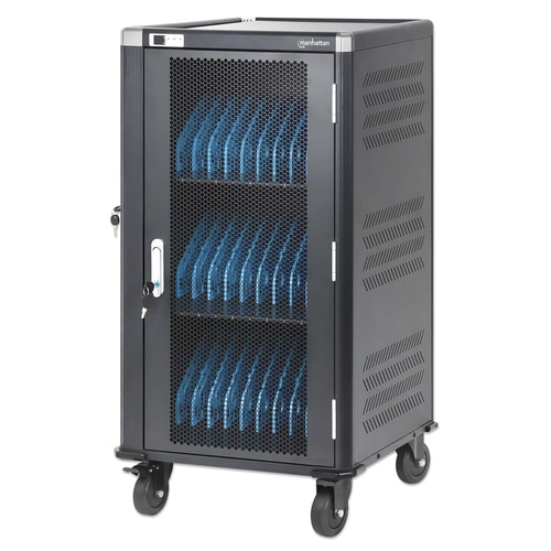 Manhattan Laptop Charging Cart/Trolley via AC Adapter (UK) x30 Bay, Install device's AC Adapter (power cables) into unit, Suitable for ALL laptops (to 15.6), iPads, MacBooks, Chromebooks, other USB-C devices, Bays 380x30x280mm, Cabinet, Lockable