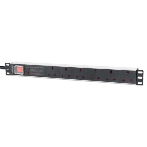 Intellinet 19 1U PDU 6-way UK, With switch and Surge Protection, Rackmount, Power Distribution Unit, UK 3-pin outlets, 3m power cord, output