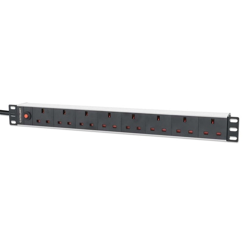 Intellinet 19 1U PDU 7-way UK, Overload Protection, Rackmount, Power Distribution Unit, UK 3-pin outlets, 3m power cord, output