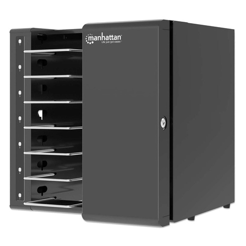 Manhattan Laptop Charging Cabinet Desktop via USB-C 15.6 7-bay via USB-C 65W, Suitable for USB-C laptops (to 15.6), iPads, MacBooks, Chromebooks, other USB-C devices, Bays 402x290x50mm, USB-C charging cables included,Cart, UK & EU