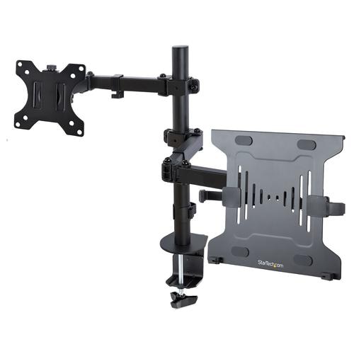StarTech.com Monitor Arm with VESA Laptop Tray, For a Laptop (4.5kg/9.9lb) and a Single Display up to 32 (8kg/17.6lb), Black, Vented Tray, Adjustable Laptop Arm Mount, C-clamp/Grommet Mount