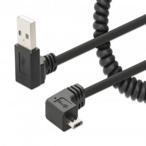 Manhattan USB-A to Micro-USB Cable, 1m, Male to Male, Black, 480 Mbps (USB 2.0), Tangle Resistant Curly Design, Angled Connectors, Ideal for Charging Cabinets/Carts, Hi-Speed USB, Lifetime Warranty, Polybag