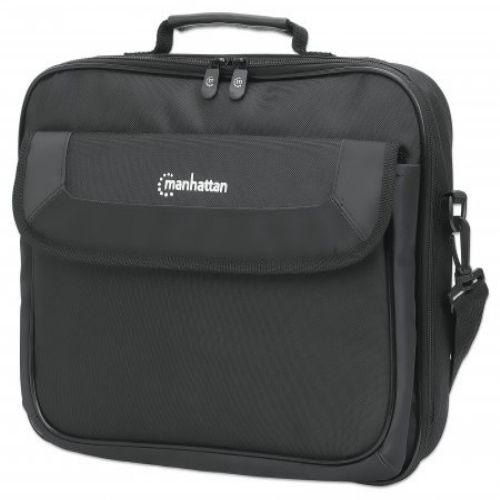Manhattan Cambridge Laptop Bag 14.1, Clamshell Design, Black, LOW COST, Accessories Pocket, Document Compartment on Back, Shoulder Strap (removable), Equivalent to Targus CN313/CN414EU, Notebook Case, Three Year Warranty