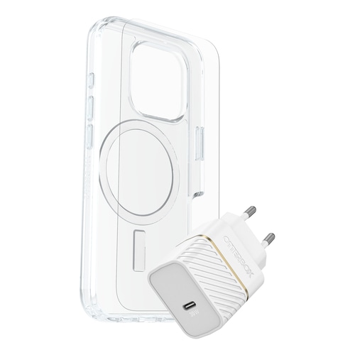 OtterBox Symmetry Series Clear for MagSafe + Premium Glass + Fast Charge Wall Charger USB-C 30W Type C