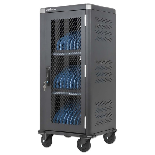 Manhattan iPad to 13, MacBook Air to 13 & Chromebook 14 30-bay Charging Trolley/Cart via USB-C (30W), Also other tablets/smartphones (with device to USB-C cable), Bays 404x27.6x283mm, USB-C charging cables included, Cabinet
