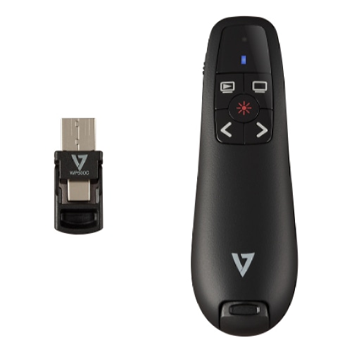 V7 WP500C Wireless Presenter Dual USB-C + USB-A - 2.40 GHz RF - Black - Red Laser Pointer - 5 Button(s) - Wireless - Radio Frequency - USB - Storable USB Receiver slot