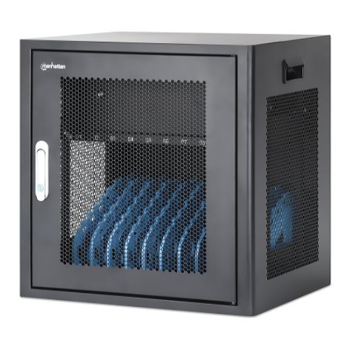 Manhattan Laptop Charging Cabinet Desktop via AC Adapter (UK) x10 Bay, Install device's AC Adapter (power cables) into unit, Suitable for ALL laptops (to 15.6), iPads, MacBooks, Chromebooks, other USB-C devices, Bays 380x30x280mm, Cart, Lockable