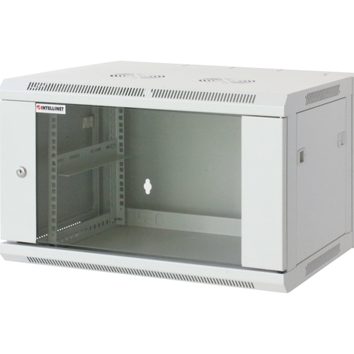 Intellinet Network Cabinet, Wall Mount (Standard), 6U, Usable Depth 350mm/Width 540mm, Grey, Assembled, Max 60kg, Metal & Glass Door, Back Panel, Removeable Sides, Suitable also for use on desk or floor, 19,Parts for wall install (eg screws/rawl plugs) not included