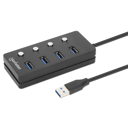 Manhattan USB-C Dock/Hub, Ports (x4) with on/off switch for each port: USB-A (x4), 5 Gbps (USB 3.2 Gen1 aka USB 3.0), Bus or AC powered (optional jack, not included), Cable 1.5m, SuperSpeed USB, Black, Blister