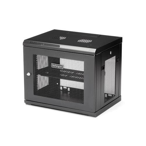 StarTech.com 2 Post 9U 19 Wall Mount Network Cabinet - Adjustable Depth 6-15- Locking IT Switch Depth Enclosure - Vented Computer/Electronics Equipment Data Rack w/Shelf & Hook & Loop Tape