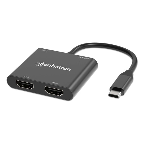 Manhattan Multiport Adapter with USB Type-C Male to Two HDMI (up to 4K@60Hz), USB-A (480 Mbps), and USB Power Delivery Charging (100 W) Ports, Aluminum, Black