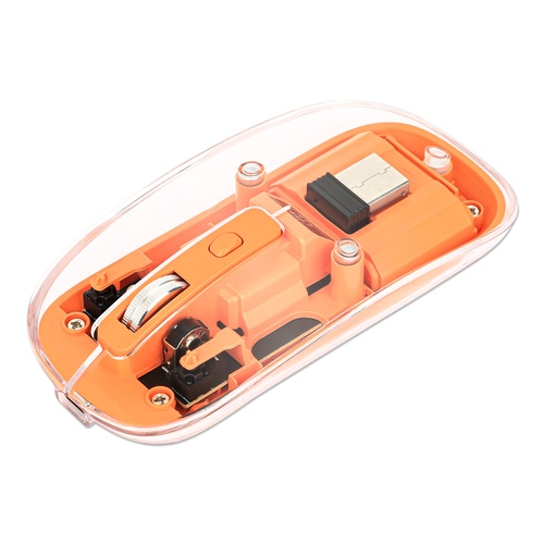 Manhattan Transparent Rechageable Wireless Mouse, Clear/Orange, Adjustable 800/1200/1600dpi, With RGB LED light, 2.4Ghz (effective range up to 10m), USB, Optical, Ambidextrous, Four Button with Scroll Wheel, Slim Design, USB-A micro receiver, Lithium Ion battery