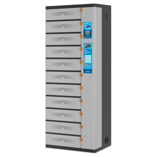Manhattan Kiosk Individual compartment Laptop Cabinet USB-C 15.6 11-bay via USB-C 65W, Suitable for USB-C laptops (to 17.3), iPads, MacBooks, Chromebooks, other USB-C devices, Bays 448x328x120mm, USB-C charging cables included,Cabinet, UK & EU