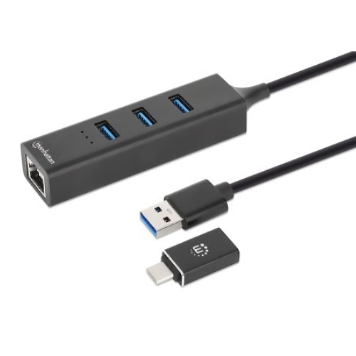 Manhattan USB-C & USB-A Combo Dock/Hub, Ports (4): Ethernet and USB-A (x3), 5 Gbps (USB 3.2 Gen1 aka USB 3.0), External Power Supply Not Needed, USB-A Male with Attachable USB-C Male Adapter, SuperSpeed USB, Black, Three Year Warranty, Retail Box