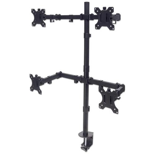 Manhattan TV & Monitor Mount, Desk, Double-Link Arms, 4 screens, Screen Sizes: 10-27, Black, Stand or Clamp Assembly, Quad Screens, VESA 75x75 to 100x100mm, Max 8kg (each), Lifetime Warranty