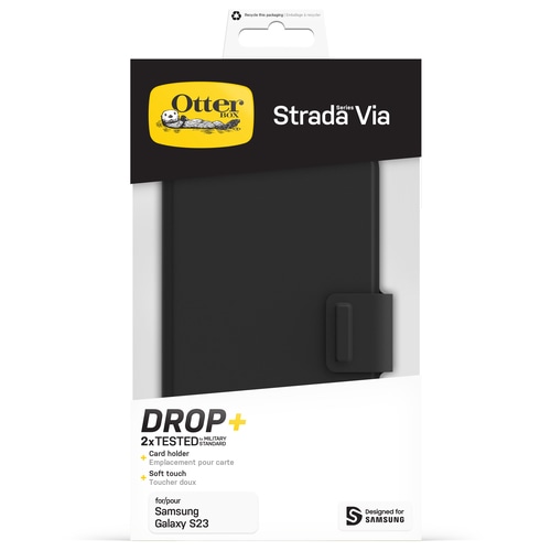 OtterBox Strada Via Case for Galaxy S23, Shockproof, Drop Proof, Slim, Soft Touch Protective Folio Case with Card Holder, 2x Tested to Military Standard, Black