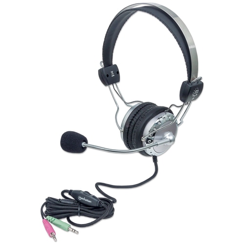 Manhattan Stereo Over-Ear Headset (3.5mm), Microphone Boom (padded), Adjustable Steel Headband, In-Line Volume Control, Ear Cushions, Std 2x 3.5mm stereo jack/plug for audio/mic use, cable 2.5m, 3 Year Warranty