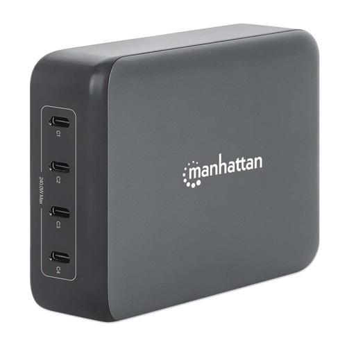Manhattan Mains USB-C Laptop Charging Station 4-port, Universal charging for ALL laptops (incl power hungry gaming machines & equivalent) with ports to simultaneously charge phones/watches/earpods/etc, GaN, Each PD port up to 140W (Max 240W), UK Power cord, Charger