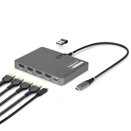 StarTech.com USB-C to Quad-Monitor Workstation Adapter, 4K 60Hz HDMI, 140W PD Passthrough for Laptop Charging, USB Port for Wireless Keyboard / Mouse, TAA