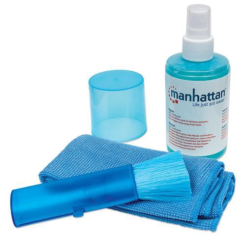 Manhattan LCD Cleaning Kit, Alcohol-free, Includes Cleaning Solution (200ml), Brush and Microfibre Cloth, Ideal for use on monitors/laptops/keyboards/etc, Three Year Warranty, Blister