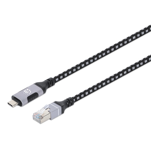 Manhattan USB-C to Gigabit (10/100/1000 Mbps) Network Ethernet RJ45 Cable, Length 2m, Multi-Gigabit Ethernet, Black/Silver, Three Year Warranty