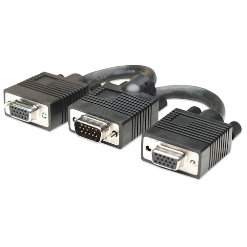 Manhattan SVGA Y Cable, HD15, 15cm, Male to Females, Splits an SVGA connection between two monitors, Compatible with VGA, Fully Shielded, Black, Lifetime Warranty, Polybag
