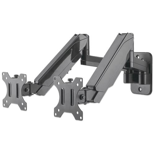 Manhattan TV & Monitor Mount, Wall, Full Motion (Gas Spring), 2 screens, Screen Sizes: 17-32, Black, Dual Screen, VESA 75x75 to 100x100mm, Max 8kg (each), Tilt & Swivel with 3 Pivots, Lifetime Warranty
