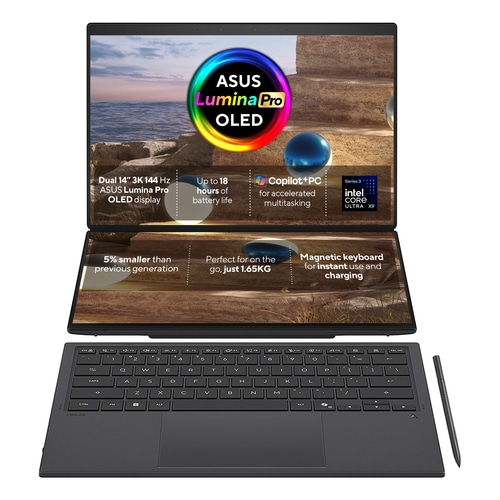 ASUS Zenbook Duo UX8407AA-SN586W Intel Core Ultra X9 378H Hybrid (2-in-1) 35.6 cm (14) Touchscreen 3K 32 GB LPDDR5x-SDRAM 1 TB SSD Wi-Fi 7 (802.11be) Windows 11 Home Grey