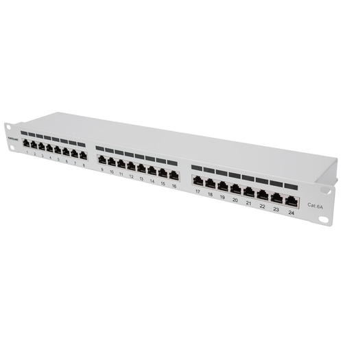 Intellinet Patch Panel, Cat6a, FTP, 24-Port, 1U, Shielded, 90 Top-Entry Punch Down Blocks, Grey