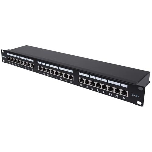 Intellinet Patch Panel, Cat6a, FTP, 24-Port, 1U, Shielded, 90 Top-Entry Punch Down Blocks, Black