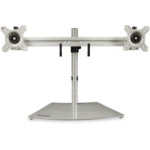 StarTech.com Dual Monitor Stand - Ergonomic Free Standing Dual Monitor Desktop Stand for two 24 VESA Mount Displays - Synchronized Height Adjustable - Double Monitor Pole Mount - Silver