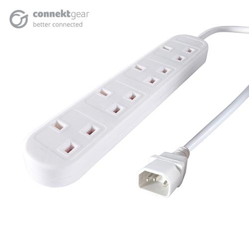 connektgear 2m 4 Way Power Extension Block C14 Plug to 4 x UK Sockets - White