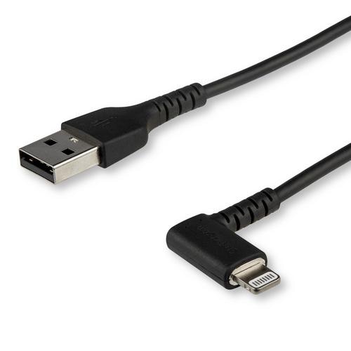 StarTech.com 6ft (2m) Durable USB A to Lightning Cable - Black 90 Right Angled Heavy Duty Rugged Aramid Fiber USB Type A to Lightning Charging/Sync Cord - Apple MFi Certified - iPhone