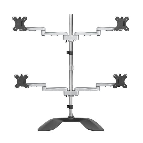 StarTech.com Desktop Quad Monitor Stand - Ergonomic VESA 4 Monitor Arm (2x2) up to 32 - Free Standing Articulating Universal Pole Mount - Height Adjustable/Tilt/Swivel/Rotate - Silver
