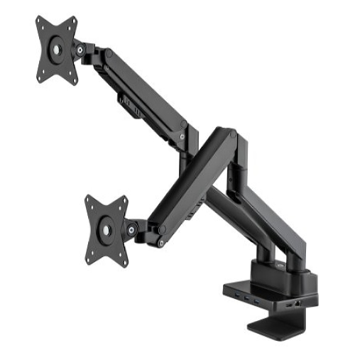 Manhattan TV & Monitor Mount with built-in Dock/Hub, Desk, Full Motion (Gas Spring), 2 screens (to 27), Ports (x7): Ethernet, HDMI (x2), USB-A (x3) and USB-C, Power Delivery (100W) to USB-C Port (Separate USB-C wall charger/cable needed),Dual Screen,VESA 100x100mm