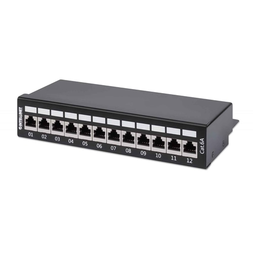 Intellinet Patch Panel, Cat6a, FTP, 12-Port, Desktop, Shielded, 90 Top-Entry Punch Down Blocks, Black