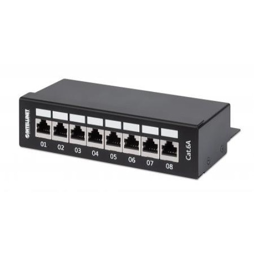 Intellinet Patch Panel, Cat6a, FTP, 8-Port, Desktop, Shielded, 90 Top-Entry Punch Down Blocks, Black