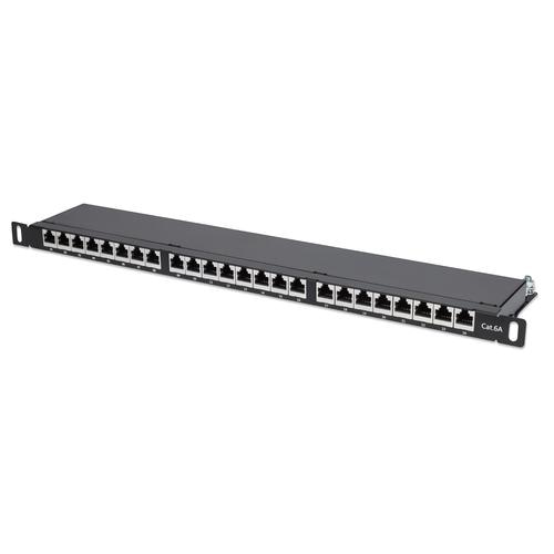 Intellinet Patch Panel, Cat6a, FTP, 24-Port, 19, 0.5U, Shielded, 90 Top-Entry Punch Down Blocks, Black