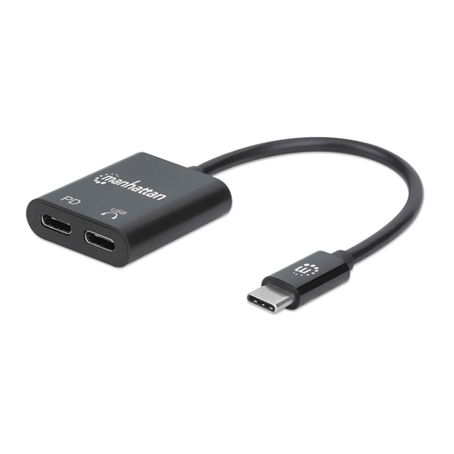 Manhattan USB-C to USB-C Audio Adapter and USB-C (inc Power Delivery), Black, 480 Mbps (USB 2.0), Cable 11cm, With Power Delivery to USB-C Port (60W), Three Year Warranty, Retail Box