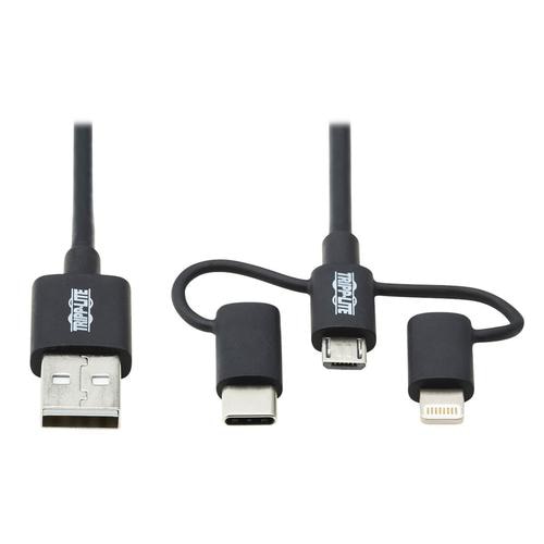 Tripp Lite M101-006-LMC-BK Universal USB-A to Lightning, USB Micro-B and USB-C Sync/Charge Cable (M/3xM), MFi Certified, Black, 6 ft. (1.8 m)
