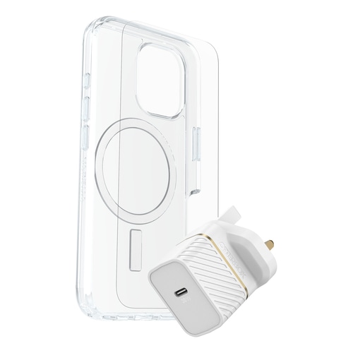 OtterBox Symmetry Series Clear for MagSafe + Premium Glass + Fast Charge Wall Charger USB-C 30W Type G