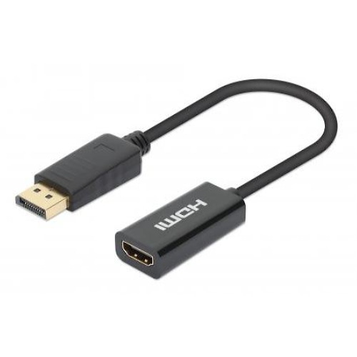 Manhattan DisplayPort 1.2 to HDMI Active Adapter, 4K@60Hz, 15cm, Male to Female, DP With Latch, Black, Not Bi-Directional, Three Year Warranty, Polybag