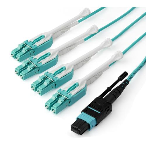 StarTech.com 1m (3ft) MTP(F)/PC to 4x LC/PC Duplex Breakout OM3 Multimode Fiber Optic Cable, OFNP, 8F Type-A, 50/125m LOMMF, 40G Networks, Low Insertion Loss, MPO to LC Fiber Patch Cord