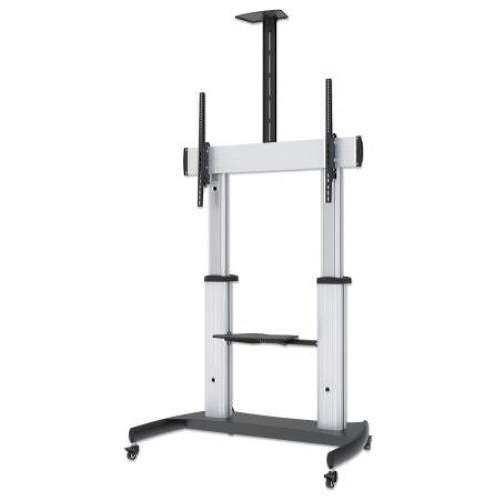Manhattan TV & Monitor Mount, Trolley Stand, 1 screen, Screen Sizes: 60-100, Silver/Black, VESA 200x200 to 800x600mm, Max 100kg, Height adjustable 1200 to 1685mm, Camera and AV shelves, Aluminium, LFD, Lifetime Warranty