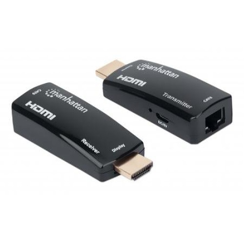 Manhattan 1080p@60Hz Compact HDMI over Ethernet Extender Kit, Extends Distances of Signal up to 60m with a Single Cat6 Ethernet Cable, Transmitter and Receiver included, Power over Cable, Ultra Slim Design, Three Year Warranty, Black