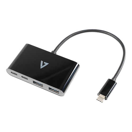 V7 USB-C Male to 2 x USB A Female, 2 x USB-C Female Hub USB 3.2 Gen1 5Gbps Black