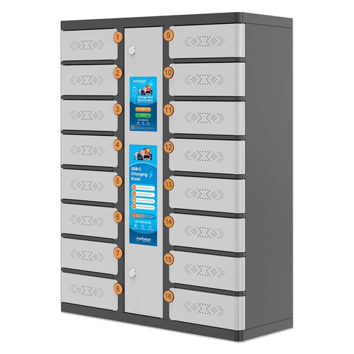 Manhattan Kiosk Individual compartment Laptop Cabinet USB-C 15.6 16-bay via USB-C 30W, Suitable for Tablets/phones, iPads, MacBooks, Chromebooks, other USB-C devices, Bays 328x220x100mm, USB-C charging cables included,Cabinet, UK & EU