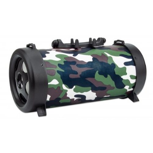 Manhattan Camouflage Bluetooth Speaker (Clearance Pricing), Decent Sound Output (3W), 3 hour Playback time, FM Radio, Range 10m, microSD card reader (32GB), Aux 3.5mm connector, USB-A charging cable included, 1200mAH battery, Bluetooth v5, 3 Years Warranty, Boxed