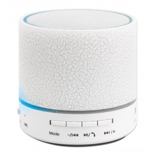 Manhattan LED Bluetooth Speaker (Clearance Pricing), Multicoloured, 5 hour Playback time, Range 10m, microSD card reader (32GB), Aux 3.5mm connector, Output 3W, USB-A charging cable included, 1200mAH battery, Bluetooth v5, White, Three Year Warranty, Boxed