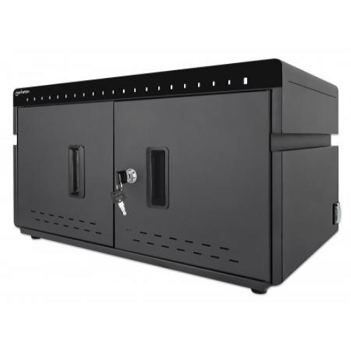 Manhattan Charging Cabinet/Cart via USB-C x20 Devices, Desktop, Power Delivery 18W per port (360W total), Suitable for iPads/other tablets/phones, Bays 264x22x235mm, Device charging cables not included, Silent Ventilation, Lockable (2 keys), EU & UK power cords